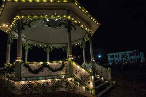 Historic structures decorated for the holidays.